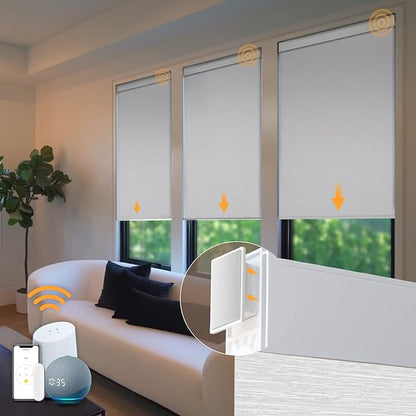 Motorized No Drill Automatic Blinds for Windows Cordless Roller Shades Electric Smart Blinds with Remote Control (White, 34.75 x 72)