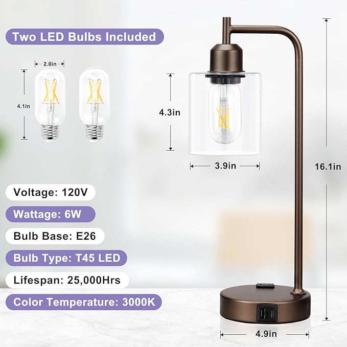 Innqoo Industrial Touch Table Lamps for Bedrooms Set of 2-3-Way Dimmable Lamps with USB C+A Ports and Outlet, Brown Bedside Lamps with Clear Glass Shade for Living Room, Desk Lamps for Home Office