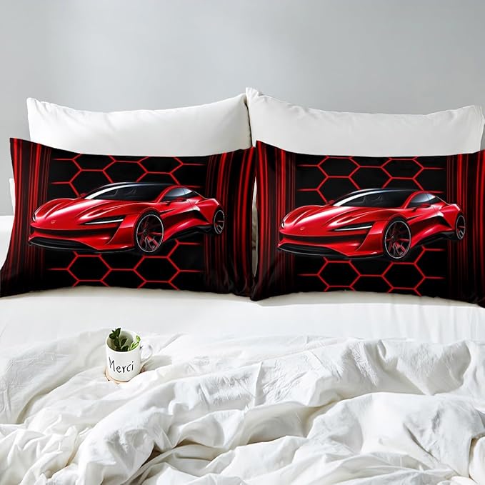 Red Sports Car Bedding Set Twin Size Neon Lines Honeycomb Geometric Bed Set for Teens Bedroom Decor Kids Sheet Microfiber Racing Car Bed Cover(1 Fitted Sheet+1 Pillow Case)