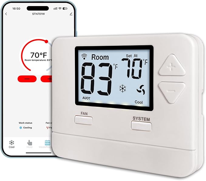 WiFi Thermostats for Home Single-Stage 1Heat/ 1Cool, APP Remote Control, 7-Day or 0-Day Programmable. (C-Wire Required)