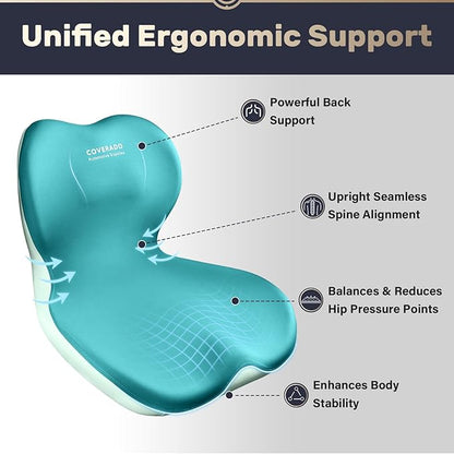 Coverado Car Seat Cushion and Lumbar Support Pillow One Piece, Memory Foam Ergonomic Back Support Driving Seat Cushion for Back Pain, Non-Slip Washable Cushion for Car, Driver, Office