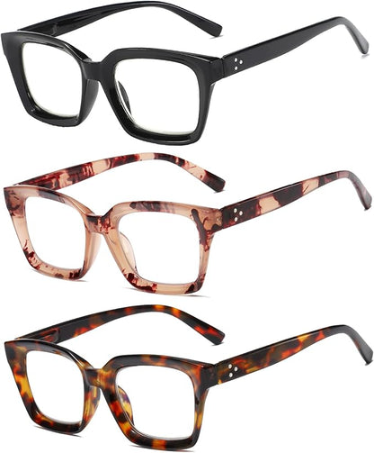 3 Pack Oversize Square Design Reading Glasses for Women, Blue Light Blocking Computer Reader（Black & Pink & Leopard+1.75）
