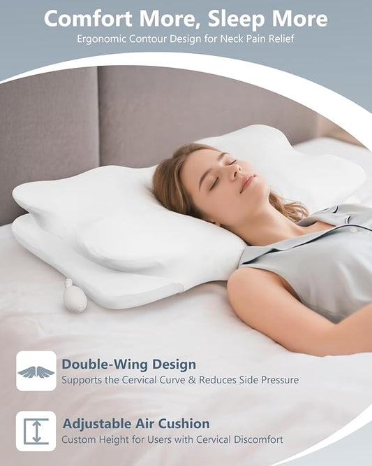 SMDR Adjustable Air Cushion Cervical Neck Pillow, Ergonomic Double-Wing Memory Foam Neck Support Pillow for Pain Relief, Spine Alignment & Posture Correction, Cooling Washable Cover, 3.5"–1.2" Design