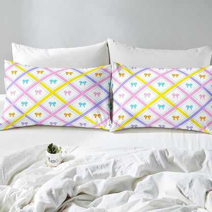 Cartoon Bowknot Fitted Sheet Queen Size Pink Purple Yellow Lines Striped Plaids Patchwork Bedding Sheet Set,Kawaii Princess Bow-tie Bed Cover Ultra Soft Breathable Bedding 3 Pcs