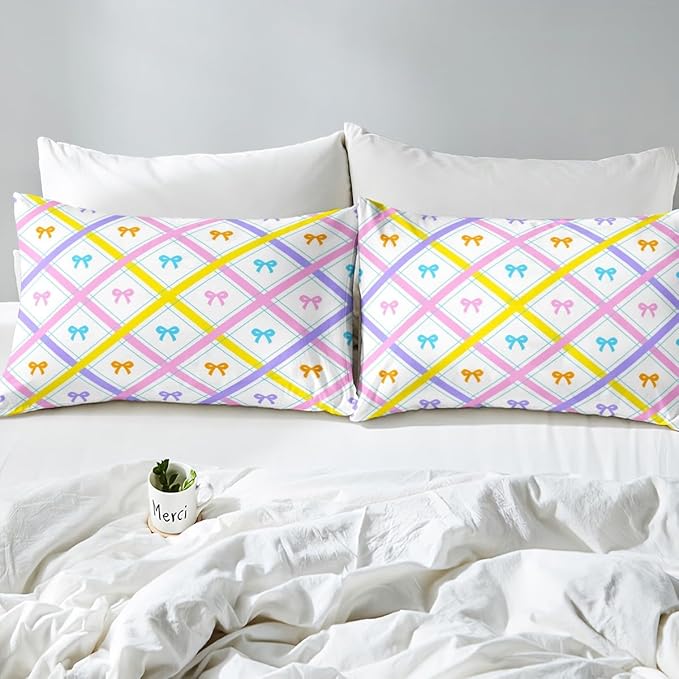 Cartoon Bowknot Fitted Sheet,Full Size Pink Purple Yellow Lines Striped Plaids Patchwork Collections,Kawaii Princess Bow-tie Bedding Deep Pocket for Children Teens Young with 2 Pillowcases