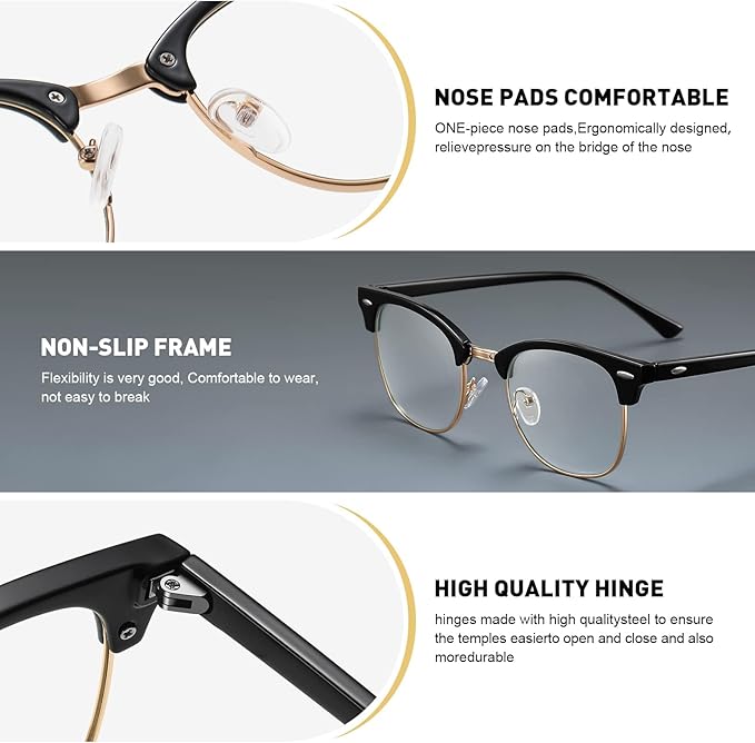 Blue Light Blocking Glasses Vintage Half Frame UV Clear Lens Anti Eyestrain Computer Gaming Glasses for Women Men(P59)