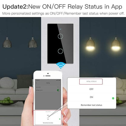 MoesGo 2nd Generation WiFi RF433 Smart Touch Wall Single Fire Smart Switch,No Neutral Wire Needed Compatible with Smart Life/Tuya App, Works with Alexa and Google Home Single Pole 110V Black 2 Gang