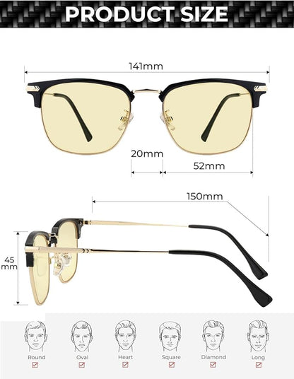 Blue Light Glasses | Men Browline Gaming Glasses | Anti Eye Strain & Migraine Blue Blocker Eyeglasses（Black Gold）