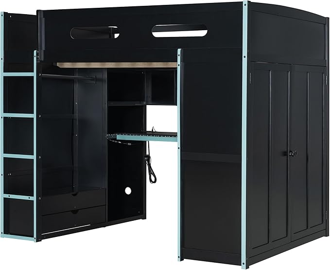GOWE Full Size Wood Loft Bed with Desk,Wardrobe,Ample Storage Space,and RGB Light, Cloud Blue(Old SKU:LT000261AAC)