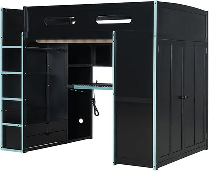 GOWE Full Size Wood Loft Bed with Desk,Wardrobe,Ample Storage Space,and RGB Light, Cloud Blue(Old SKU:LT000261AAC)