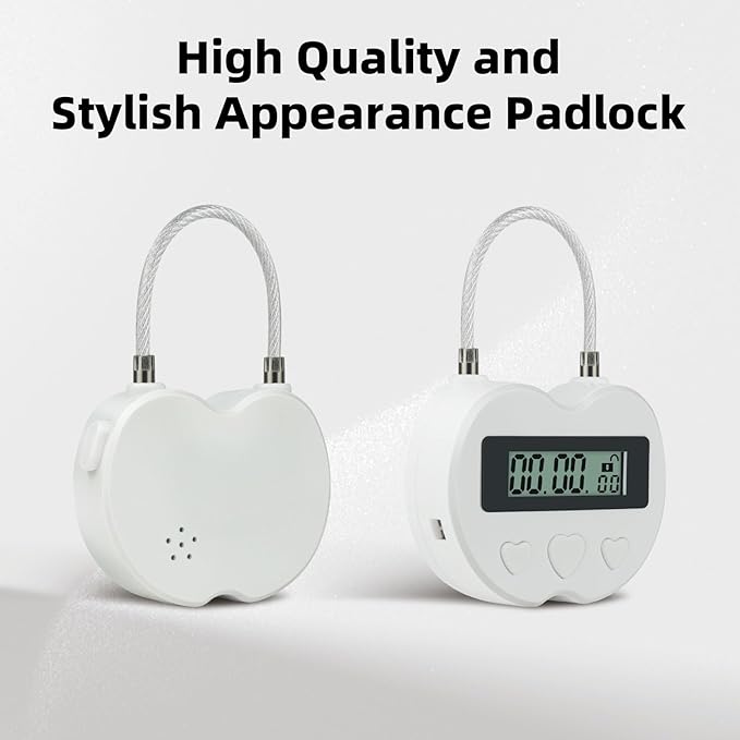Heart Metal Timer Lock, USB Rechargeable Timer Compact Padlock with 1m Spring Cord, Up to 99 Hours Timed Self-Regulation Anti-Addiction Timer Padlock (White)
