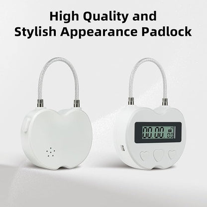 Heart Metal Timer Lock, USB Rechargeable Timer Compact Padlock with 1m Spring Cord, Up to 99 Hours Timed Self-Regulation Anti-Addiction Timer Padlock (White)