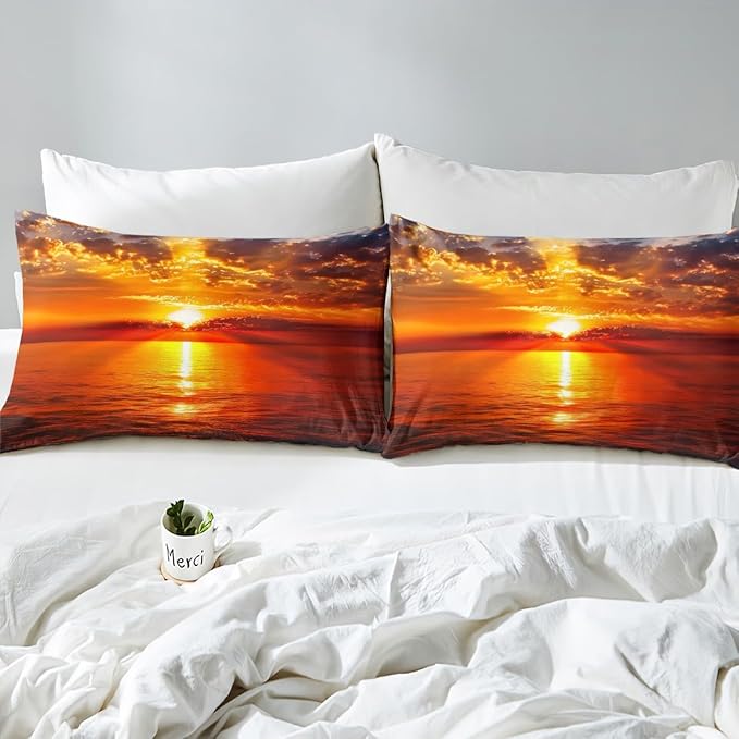 Manfei Sea Sunset Kids Sheet Set Queen Size, Tropical Ocean Theme Bedding Set for Boys Girls Teens Bedroom Decor, Sunset Landscape Bed Sheet Set 4pcs (Fitted Sheet, Flat Sheet, 2 Pillowcases)