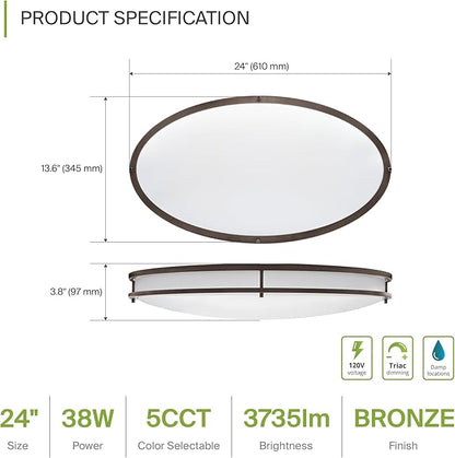 ASD LED 24" Oval Flush Mount Lighting, Close to Ceiling Light Fixture | 5CCT, Dimmable, ETL Listed | 38W 3289LM 2700-5000K 120V | Low Profile Double Ring Lamp | Dark Bronze, 2 Pack