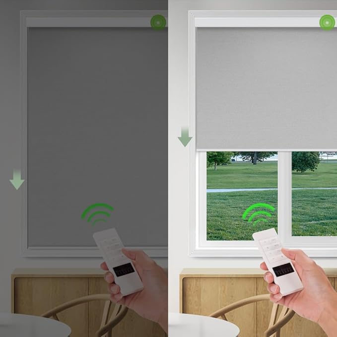 ZSHINE Motorized Blackout Window Blinds Over-Size Customize Width (21-114 Inches) Remote Control Wireless and Rechargeable Motor Roller Shades Blinds for Windows(Grey)