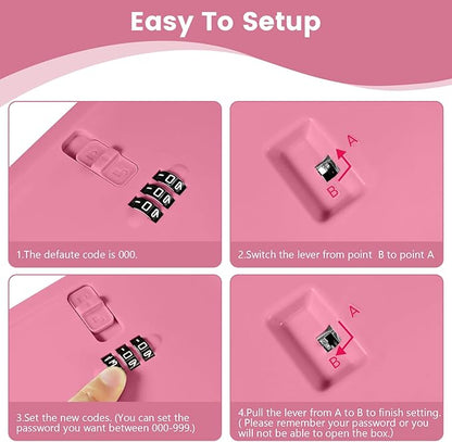Small Lock Box,Lockable Storage Box with Combination Code for Medication Safe, Medicine Lock Box for Pills/First Aid Kits/Food/Snack Phone Jail,Locked Container for Home/Fridge/Office/School(Pink)