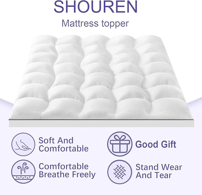 SHOUREN Memory Foam Mattress Topper Queen for Back Pain Relief, 2~3In Thick Plush Gel Foam Bed Topper 1700 GSM, Smooth & Supportive Pressure Relief, 80" x 60"
