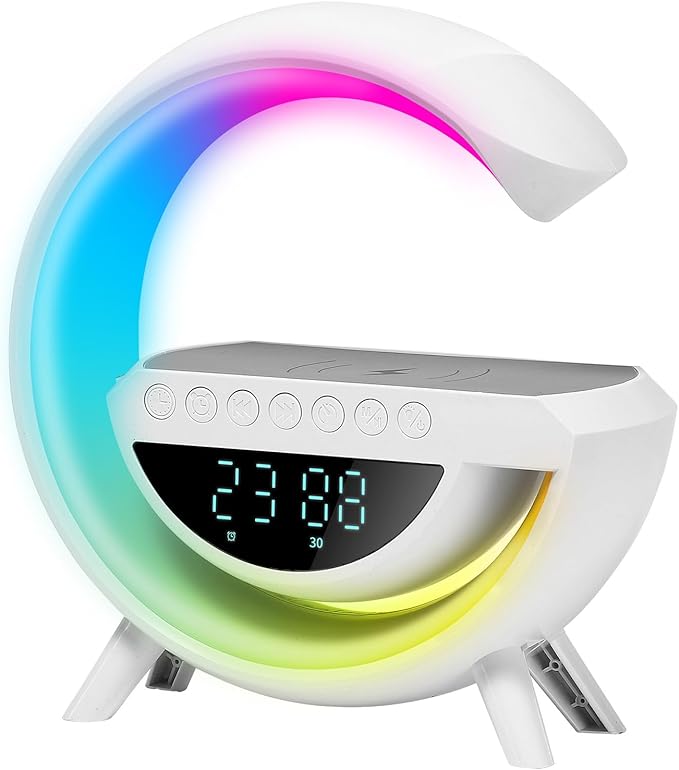 Table Lamp Smart Alarm Clocks Alarm Clocks for Bedrooms White Speaker Wireless Charger Smart Light Sound Machine 9.45 inch Night Light Lamp Sunrise Alarm Clock Restroom Bedroom (Mini-Style 3401)