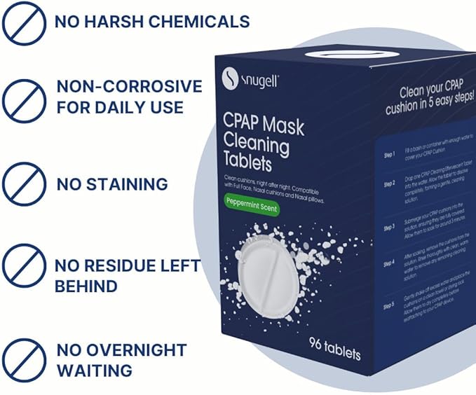 Snugell CPAP Mask Cleaning Tablets – 96 Effervescent Tablets for Full Face Masks, Nasal Cushions & Pillows – Deep Cleans & Deodorizes, Ensuring Effective Nightly Cleaning for Optimal CPAP Hygiene