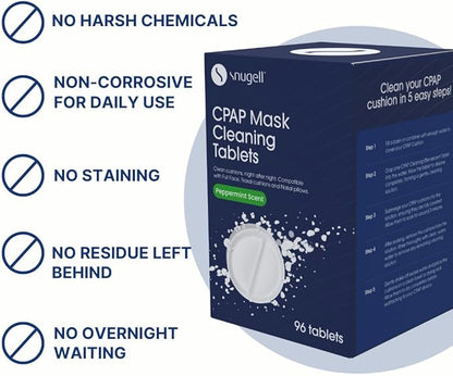 Snugell CPAP Mask Cleaning Tablets – 96 Effervescent Tablets for Full Face Masks, Nasal Cushions & Pillows – Deep Cleans & Deodorizes, Ensuring Effective Nightly Cleaning for Optimal CPAP Hygiene