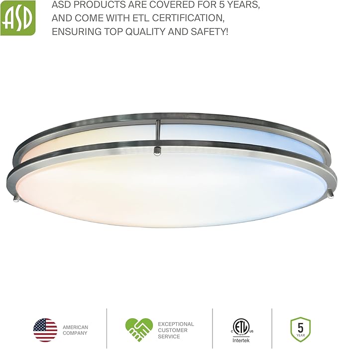 ASD LED 32" Oval Flush Mount Lighting, Close to Ceiling Light Fixture | 5CCT, Dimmable, ETL Listed | 50W 4195LM 2700-5000K 120V | Low Profile Double Ring Lamp | Nickel, 2 Pack