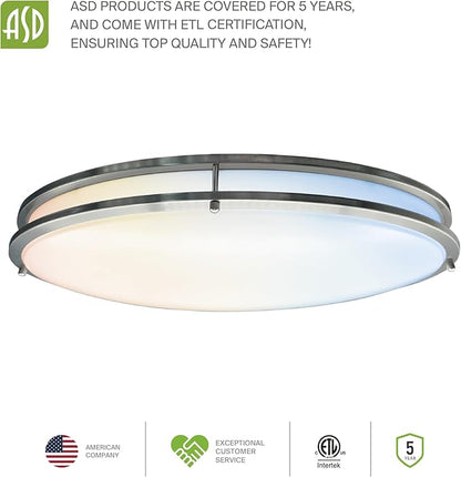 ASD LED 32" Oval Flush Mount Lighting, Close to Ceiling Light Fixture | 5CCT, Dimmable, ETL Listed | 50W 4195LM 2700-5000K 120V | Low Profile Double Ring Lamp | Nickel, 2 Pack