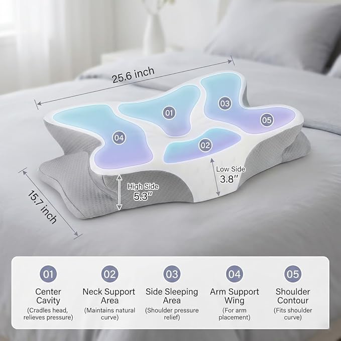 Cervical Neck Pillow for Pain Relief-Ergonomic Side Sleeper Pillow，Cooling Memory Foam Pillows for Neck Support,Contour Orthopedic Pillows for Back Stomach Sleepers (Silvery)