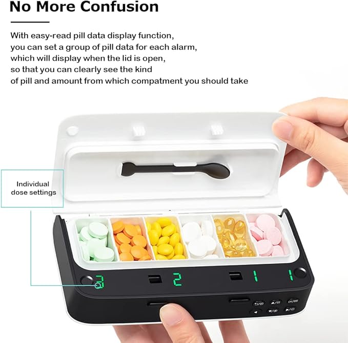 Pill Dispenser with Alarm, Daily Medicine Pill Organizer with up to 7 Alarms A Day,Smart Pill Box 6 Compartments, Christmas Thanksgiving Gift Pill Reminder for Elderly (Blue)