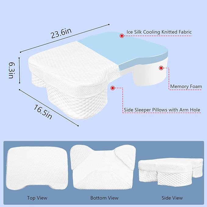 Side Sleeper Pillow with Arm Holes, Memory Foam Pillow for Neck & Shoulder & Cervical Pain Relief, Ergonomic Arm Holes Positioner Cooling Bed Pillows for Side Stomach Sleeping (White)