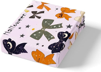 Halloween Bowknots Fitted Sheet Princess Bow-tie Dreamy Girly Bow Bed Sheet Set for Kids Children Teens Halloween Pumpkin Starry Moon Glitter Purple Bed Cover Toddler Bedroom Decor,Twin Size