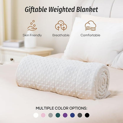 Wemore Minky Dot Weighted Blanket for Adults Twin Size 15 lbs, Soft Heavy Blanket for Stress Relief and Sleep Promotion, Breathable Blanket for All-Season with Glass Beads, White 48 x 72 inches