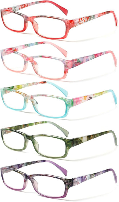 Kerecsen Reading Glasses 5 Pairs Fashion Ladies Readers Spring Hinge with Pattern Print Eyeglasses for Women (Mix Color -8, 1.00)