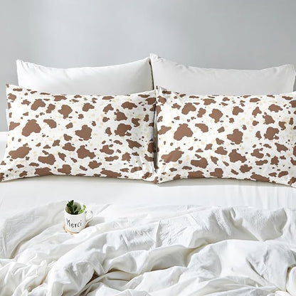 Rustic Cowhide Fitted Sheet Queen Size,Farmhouse Brown Beige Cow Fur Print Soft Bed Cover(1 Fitted Sheet+1 Pillow Case),Western Cowboy Animal Skin Graffiti Breathable Mattress Cover