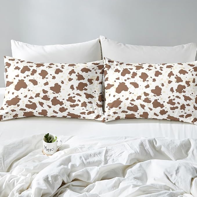 Rustic Cowhide Fitted Sheet,Farmhouse Brown Beige Cow Fur Print Soft Decorative Fabric Bedding Western Cowboy Animal Skin Graffiti Pocket Twin Size with 1 Pillowcase