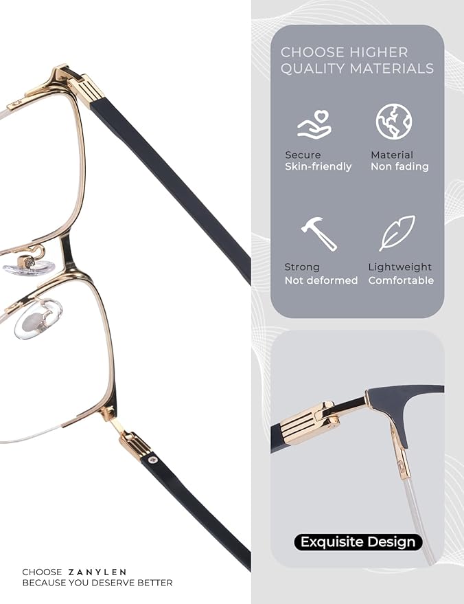 Blue Light Blocking Glasses Men Computer Gaming Glasses Rectangle Metal Semi-rimless Black/Golden Frame Anti Glare/UV400 Clear Lens