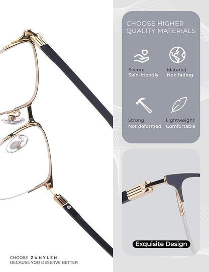 Blue Light Blocking Glasses Men Computer Gaming Glasses Rectangle Metal Semi-rimless Black/Golden Frame Anti Glare/UV400 Clear Lens