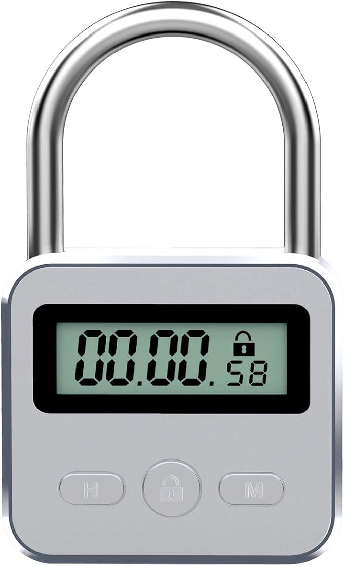 Metal Time Padlock - Time Management Tool Timer 99 Hours Max Timing with LCD Display Micro USB Rechargeable Silver