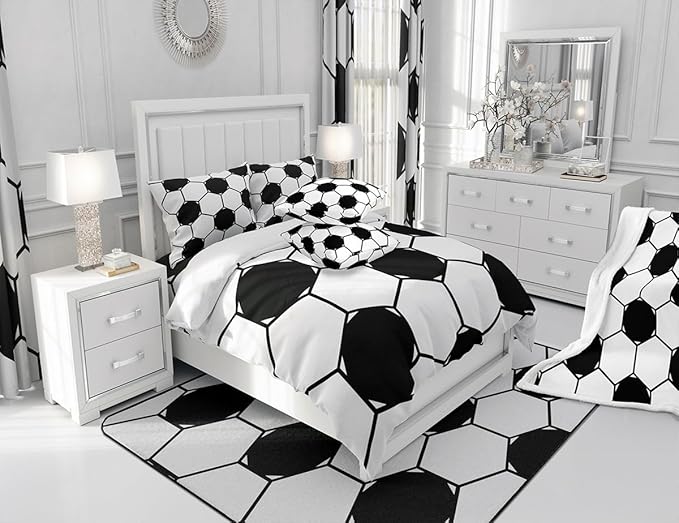 Manfei Football Kids Sheet Set Queen Size, Black and White Soccer Bed Sheet Set 4pcs (Fitted Sheet, Flat Sheet, 2 Pillowcases), Geometric Hexagon Honeycomb Bedding Set for Boys Teens Room Decor
