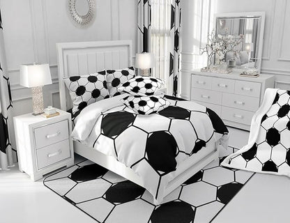 Manfei Football Kids Sheet Set Full Size, Black and White Soccer Bed Sheet Set 4pcs (Fitted Sheet, Flat Sheet, 2 Pillowcases), Geometric Hexagon Honeycomb Bedding Set for Boys Teens Room Decor