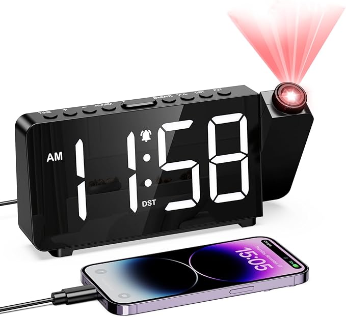 Digital Projection Alarm Clock for Bedroom Ceiling-Alarm Clocks with 180°Projector, 5 Level Brightness, DST, Snooze, Night Mode, Loud Alarms for Kids,Heavy Sleepers, 12/24H, for Bedroom