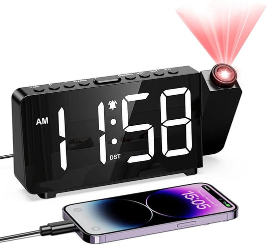 Digital Projection Alarm Clock for Bedroom Ceiling-Alarm Clocks with 180°Projector, 5 Level Brightness, DST, Snooze, Night Mode, Loud Alarms for Kids,Heavy Sleepers, 12/24H, for Bedroom