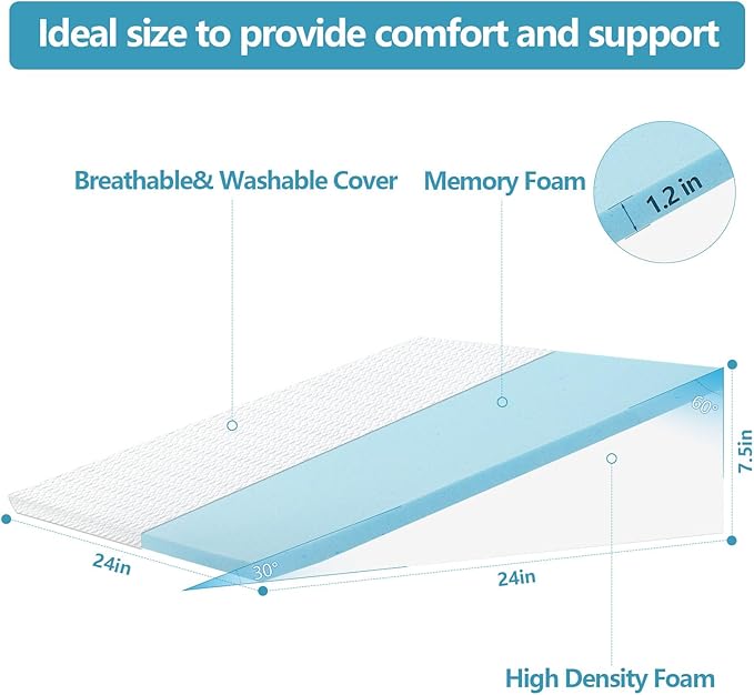 Wedge Pillow for Sleeping & Resting, 24"x24"x7.5" Memory Foam Cushion with Grey White Patterned Polyester Cover, Ideal for Bedroom & Living Room – Comfortable Support for Adults
