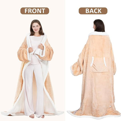 Wearable Heated Blanket with Foot Pocket, 52"x72" Electric Blanket with Sleeves for 12 Hours Timer, 6 Heat Settings, Flannel & Sherpa, Beige