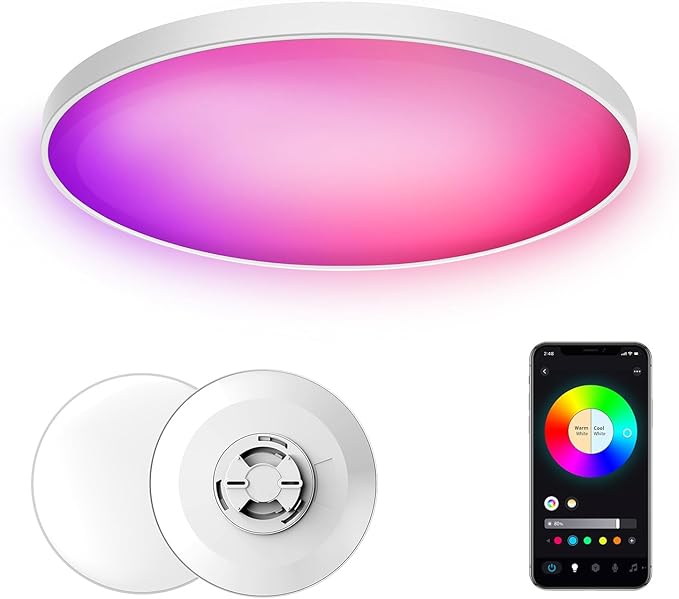 Smart Ceiling Light, 12" Inch LED Color Changing Ambient Lamp 30W 2400LM Flush Mount, Magic Home Wi-fi RGB Dimmable Work for Alexa & Google Voice Control 2200K-6500K DIY Colors Round White