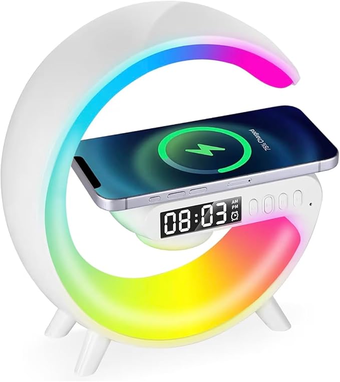 Treligate LED Table Lamp with Wireless Charger, Mini G Atmosphere Lamp with Bluetooth Speaker, Night Light Lamp Sunrise Alarm Clock, Smart Light Sound Machine, (White)