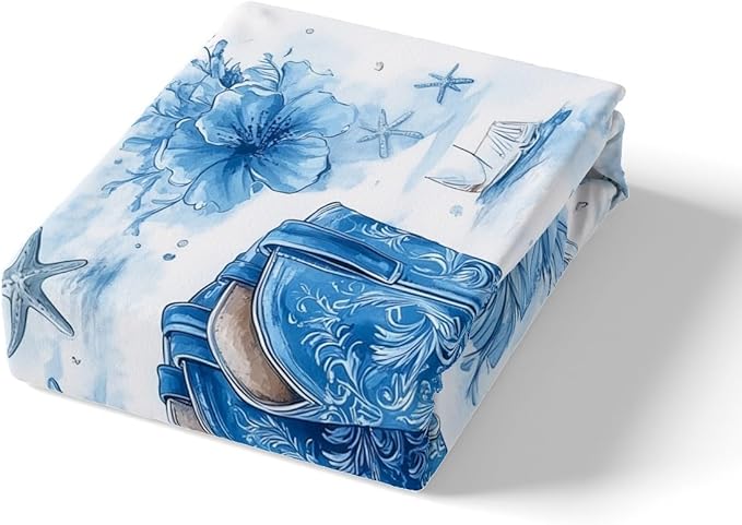 Western Cowboy Fitted Sheet Twin Size,Blue Tribal Boots Watercolor Flowers Tie Dye Paint Bed Sheet with 1 Pillowcase,Ocean Beach Shell Conch Starfish Soft Decorative Bedding(No Flat Sheet)