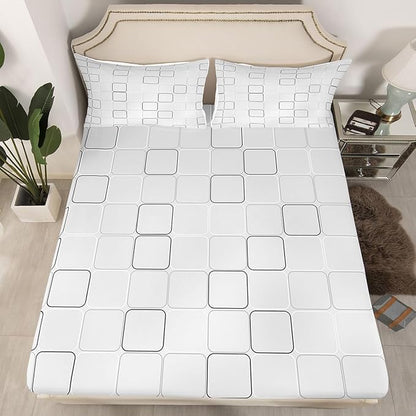 Plaid Kids Full Size Fitted Sheet,Patchwork Geometric Grid Boys Girls Bed Sheets,Modern Simple Abstract Room Decor,Gray Bedding Set,2 Pillowcases(No Flat)