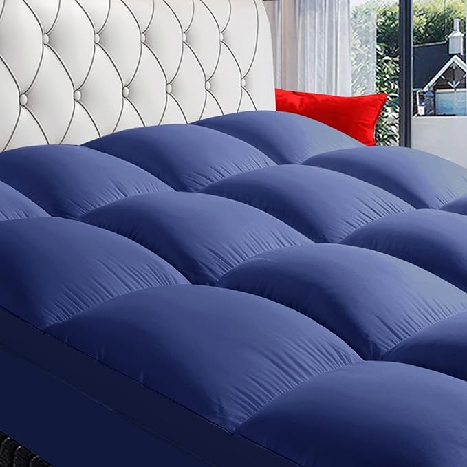 COONP Queen Mattress Topper, Extra Thick Pillowtop, Cooling Plush Mattress Pad Cover Bed Topper Protector with 8-21 Inch Deep Pocket (Navy Blue, Queen)