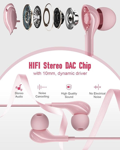 USB C Headphones for iPhone17 16 Pro Max 15 Plus iPad Pro Samsung Galaxy S24 S23 Ultra S26 S25 S22 S21 Wired Earbuds Magnetic in-Ear Type C Earphone with Microphone Volume Control HiFi Stereo Pink