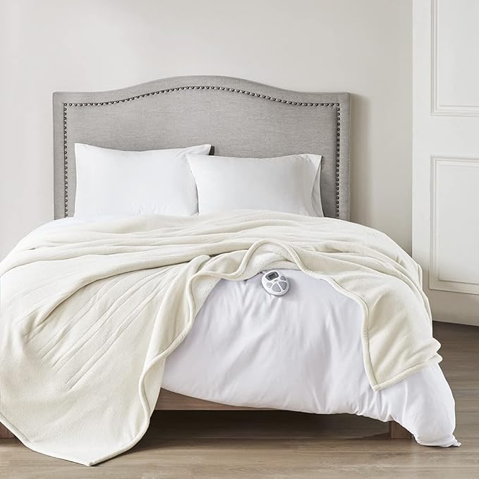 Serta Reversible Fleece to Sherpa Electric Blanket, Fast Heating, Auto Shut Off Timer, Multi Heat Setting, ETL Certified, Machine Washable, Ivory Twin 84"x 62"